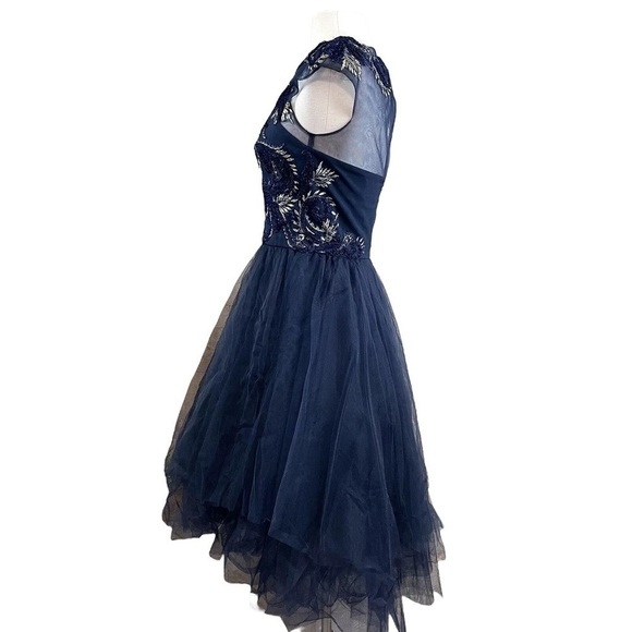 Marchesa Notte Embroidered Sequined Applique Sheer Tulle Formal Dress Navy Sz 2 - Picture 2 of 9